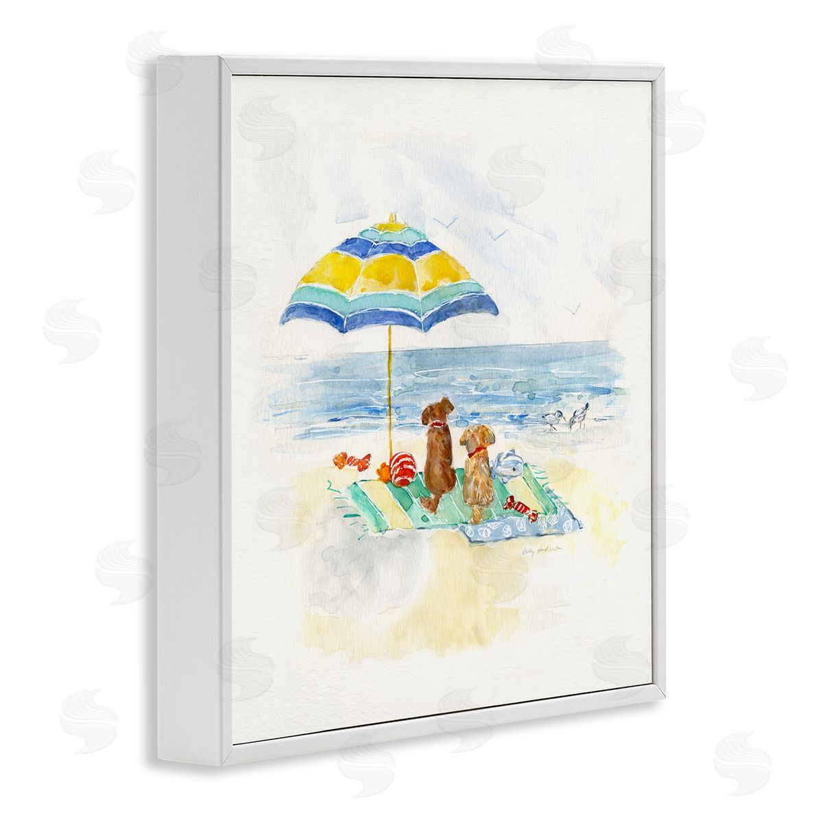 Sally Swatland Cute Playful Dogs Relaxing Beach Umbrella Shoreline Painting White Framed Glicee Wall Art Print