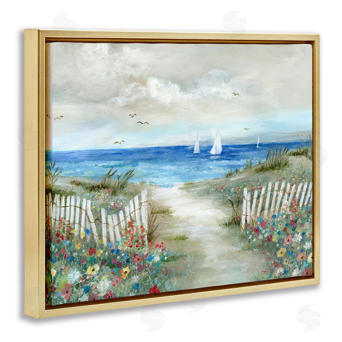Gorgeous Traditional Beach Scene Gold Floating Frame Canvas Wall Art, Home Decor by Nan