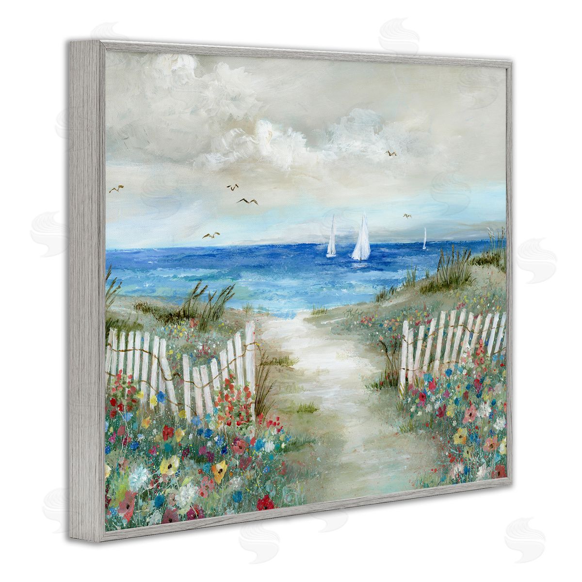 Gorgeous Traditional Beach Scene Grey Frame Print Wall Art, Home Decor by Nan