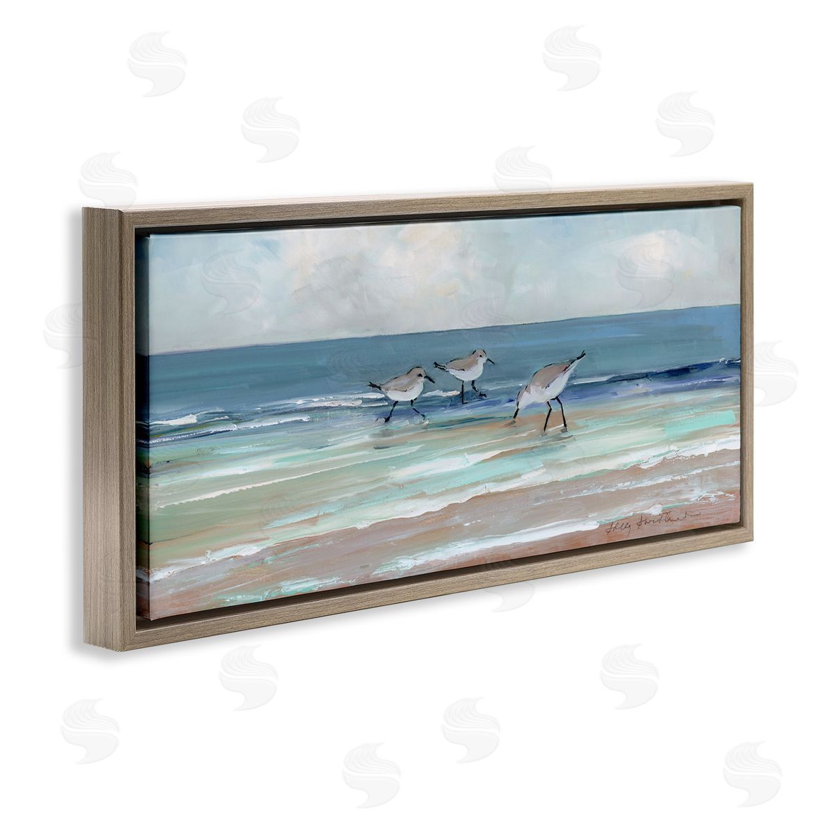 Panoramic Sandpipers on Shoreline Brown Floating Frame Canvas Wall Art, Home Decor by Sally Swatland