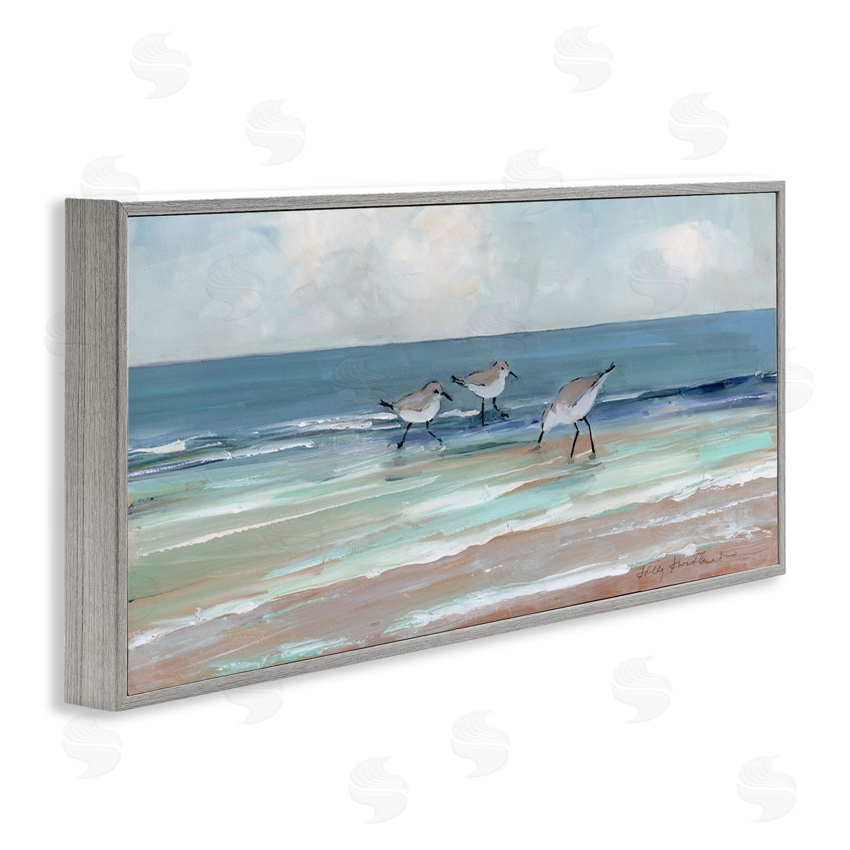 Panoramic Sandpipers on Shoreline Grey Frame Print Wall Art, Home Decor by Sally Swatland