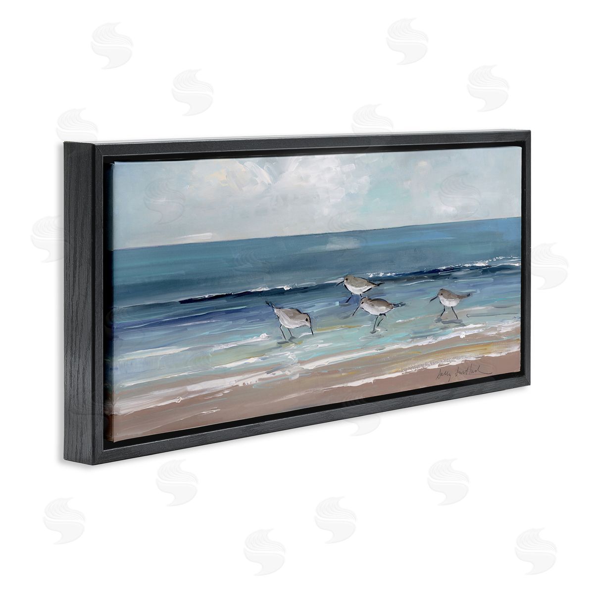 Sandpipers with Cloudy Sky Black Floating Frame Canvas Wall Art, Home Decor by Sally Swatland