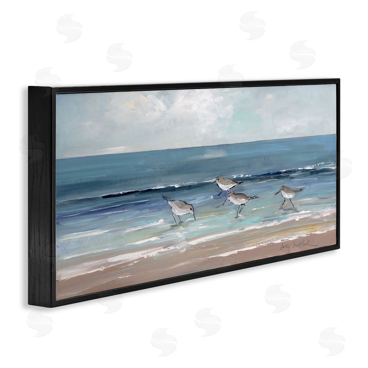 Sandpipers with Cloudy Sky Black Frame Print Wall Art, Home Decor by Sally Swatland