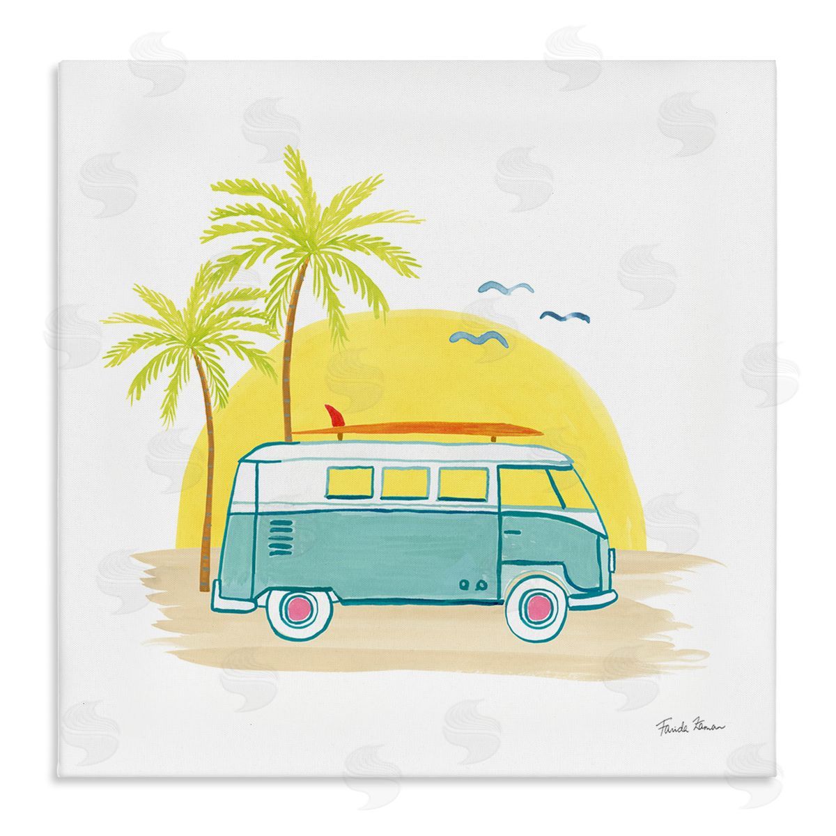 Farida Zaman Summertime Tropical Bus Sunshine Palm Tree Travel Illustration  Stretched Canvas Wall Art Print
