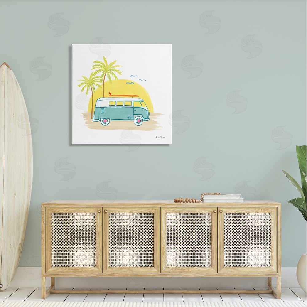 Farida Zaman Summertime Tropical Bus Sunshine Palm Tree Travel Illustration  Canvas Wall Art in Room