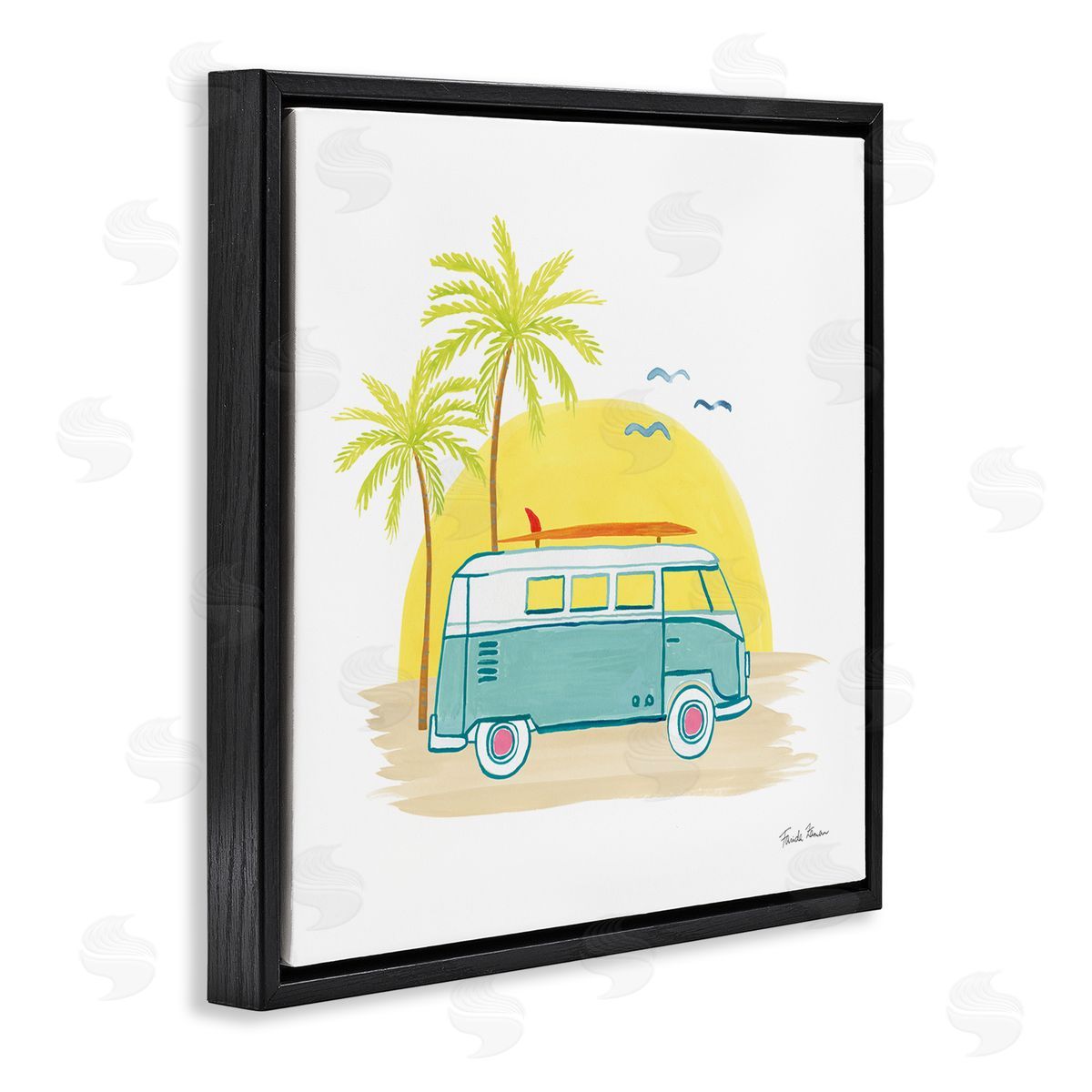 Farida Zaman Summertime Tropical Bus Sunshine Palm Tree Travel Illustration  Black Floating Frame Canvas Wall Art Print