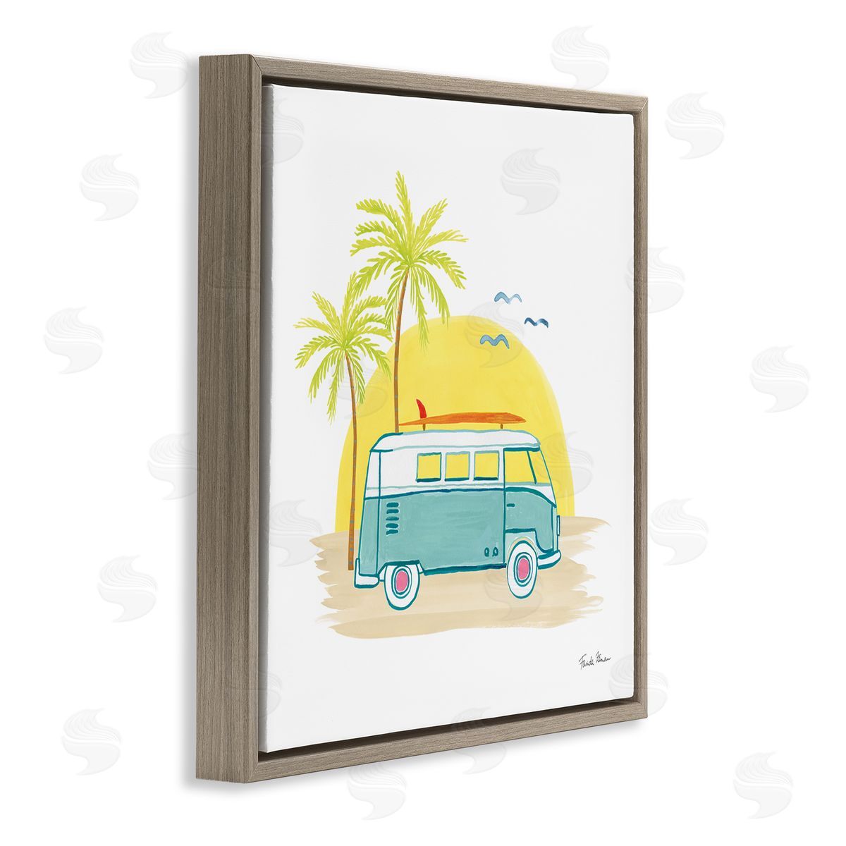 Farida Zaman Summertime Tropical Bus Sunshine Palm Tree Travel Illustration  Brown Floating Frame Canvas Wall Art Print