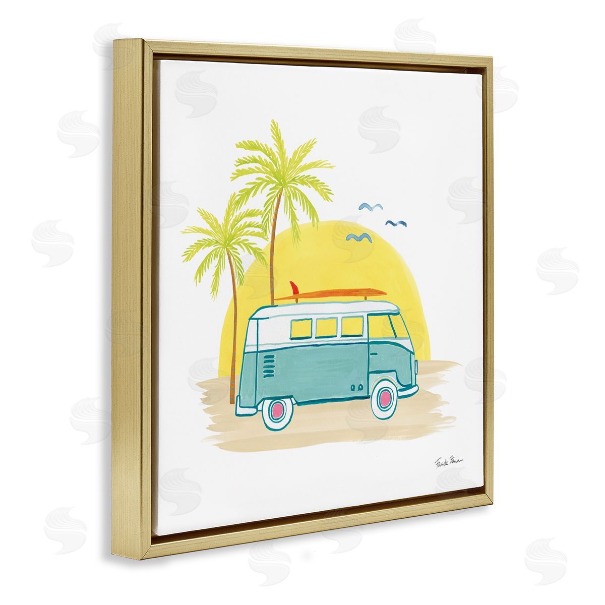 Farida Zaman Summertime Tropical Bus Sunshine Palm Tree Travel Illustration  Gold Floating Frame Canvas Wall Art Print