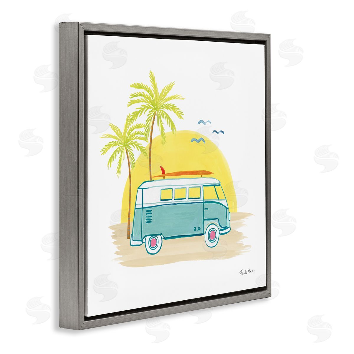 Farida Zaman Summertime Tropical Bus Sunshine Palm Tree Travel Illustration  Gray Floating Frame Canvas Wall Art Print