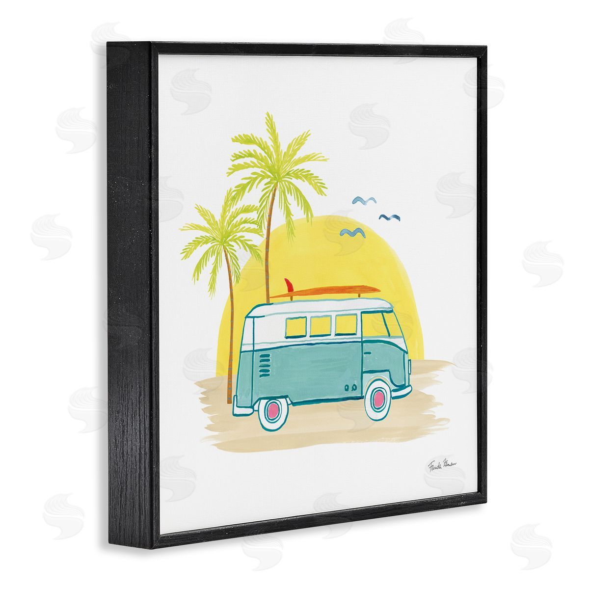 Farida Zaman Summertime Tropical Bus Sunshine Palm Tree Travel Illustration  Black Framed Glicee Wall Art Print