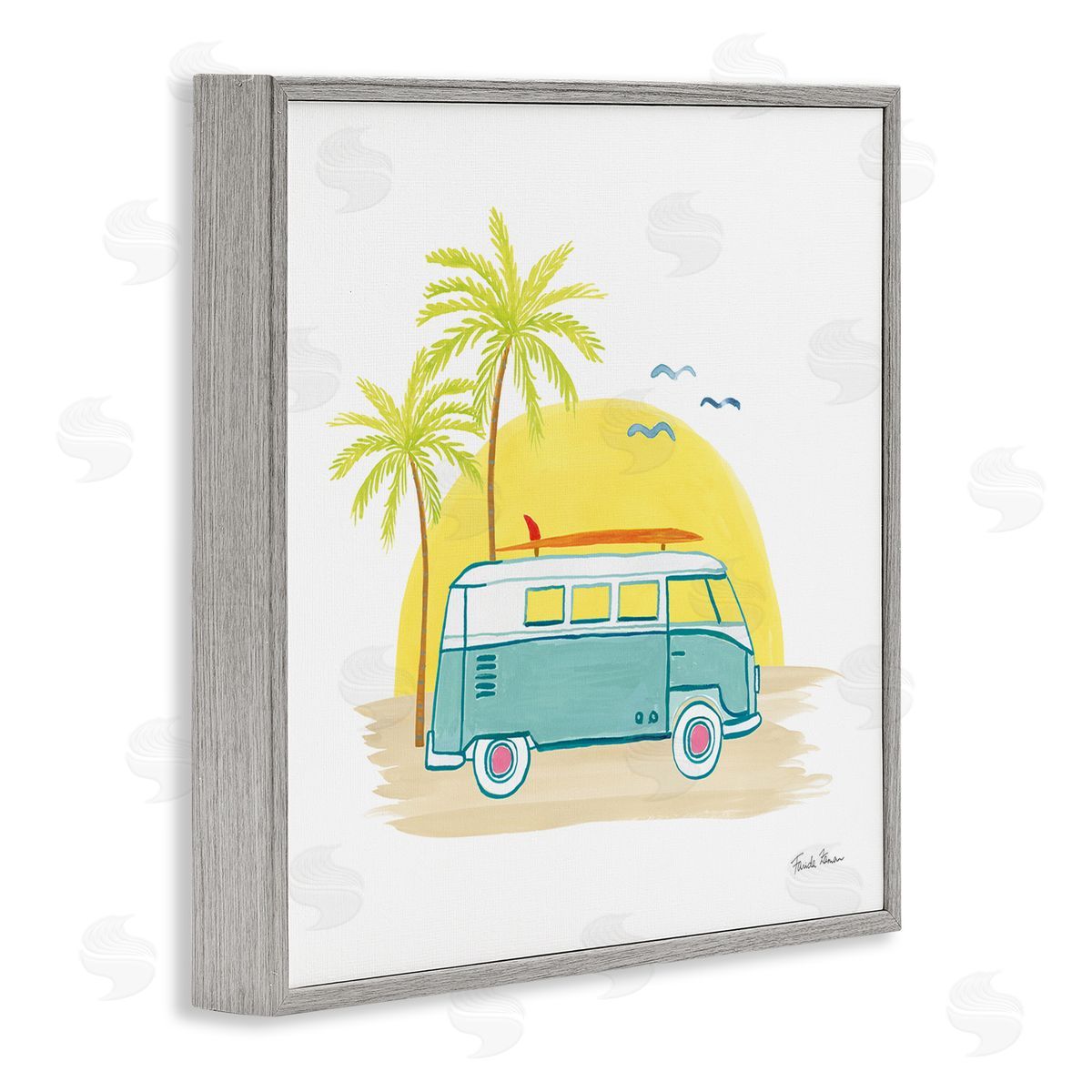 Farida Zaman Summertime Tropical Bus Sunshine Palm Tree Travel Illustration  Gray Framed Glicee Wall Art Print