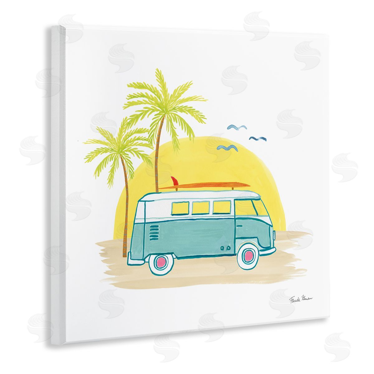 Farida Zaman Summertime Tropical Bus Sunshine Palm Tree Travel Illustration  Wooden Wall Plaque Art Print