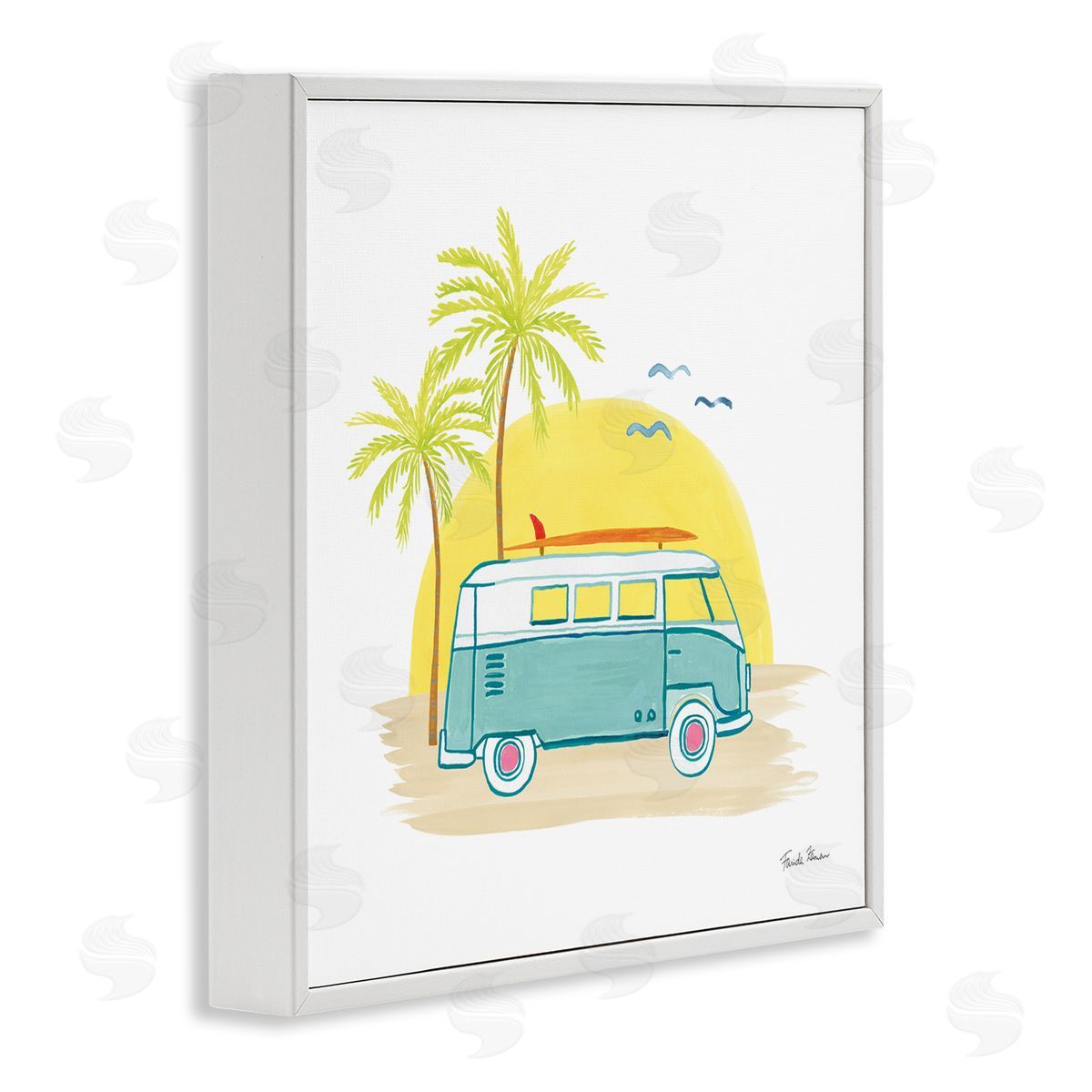 Farida Zaman Summertime Tropical Bus Sunshine Palm Tree Travel Illustration  White Framed Glicee Wall Art Print