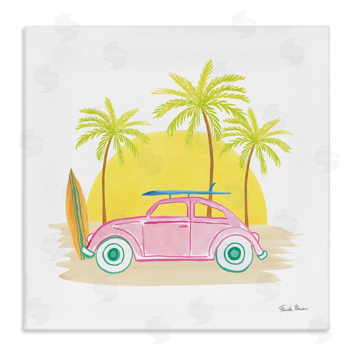 Farida Zaman Tropical Summer Travel Beach Surfboard Palm Trees Sunshine  Stretched Canvas Wall Art Print