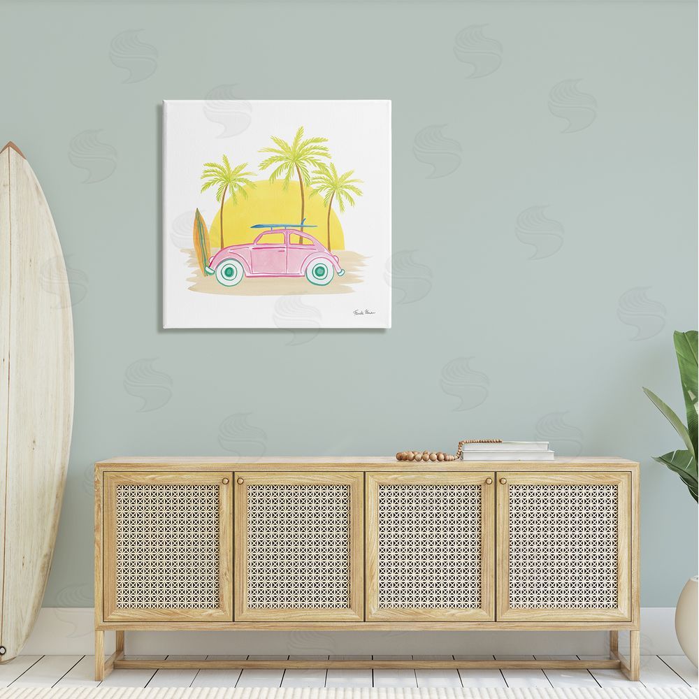 Farida Zaman Tropical Summer Travel Beach Surfboard Palm Trees Sunshine  Canvas Wall Art in Room