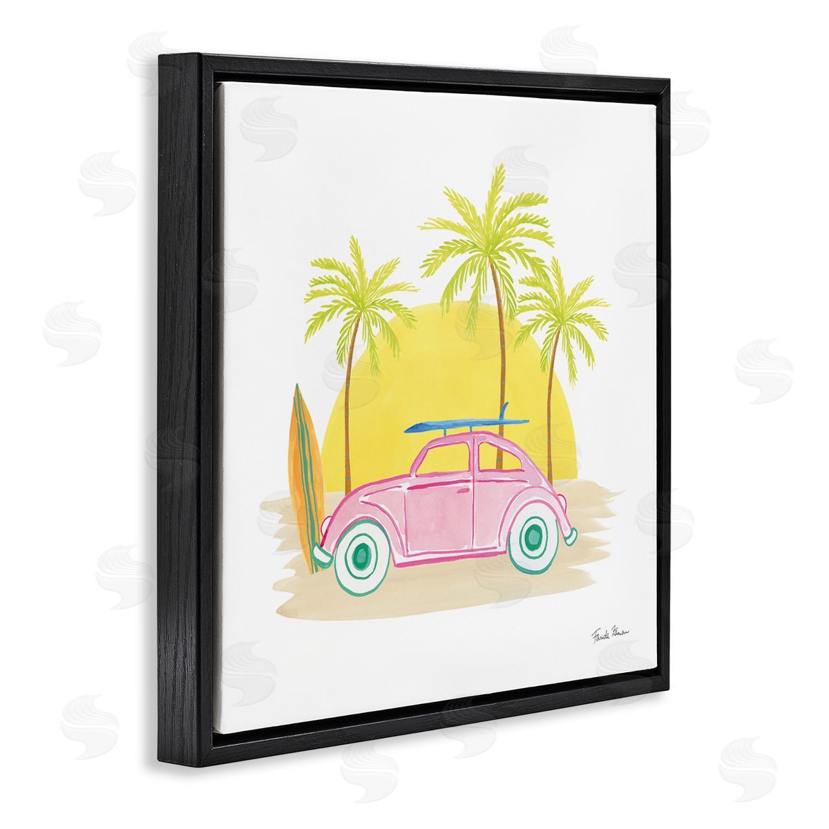 Farida Zaman Tropical Summer Travel Beach Surfboard Palm Trees Sunshine  Black Floating Frame Canvas Wall Art Print