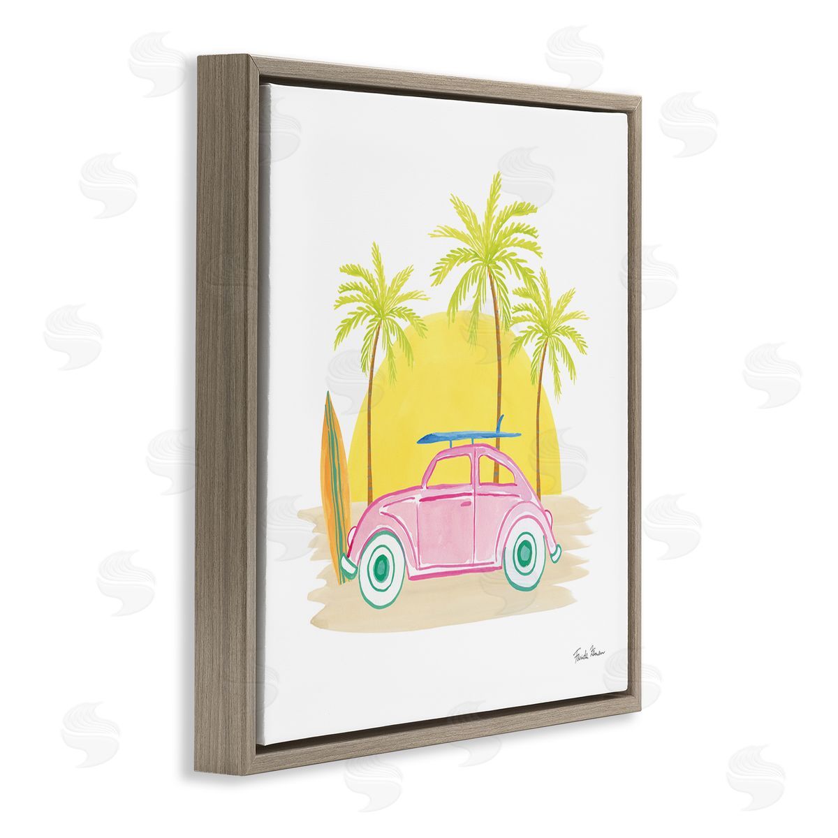 Farida Zaman Tropical Summer Travel Beach Surfboard Palm Trees Sunshine  Brown Floating Frame Canvas Wall Art Print