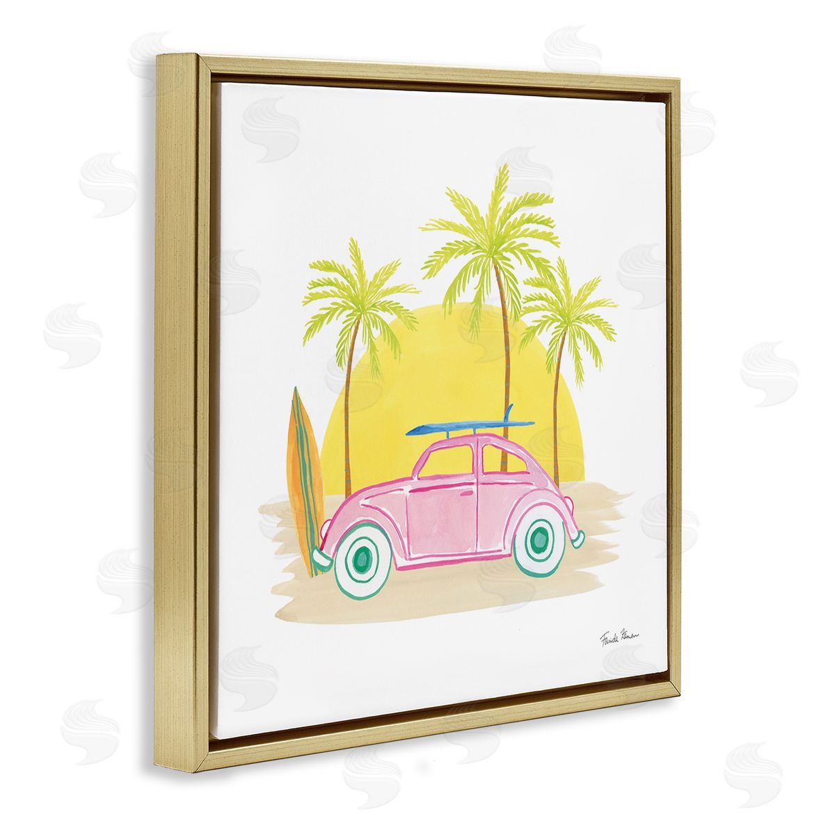 Farida Zaman Tropical Summer Travel Beach Surfboard Palm Trees Sunshine  Gold Floating Frame Canvas Wall Art Print
