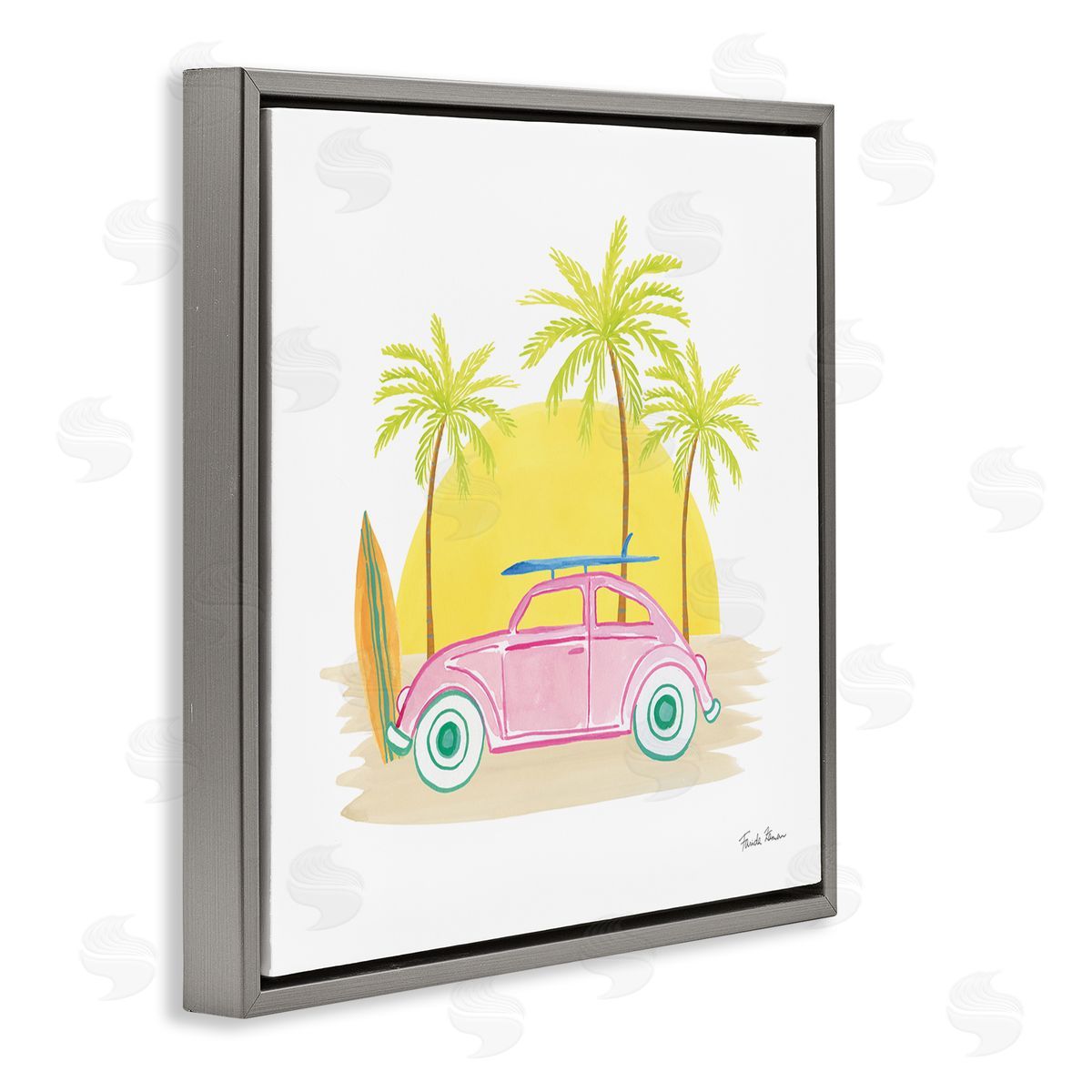 Farida Zaman Tropical Summer Travel Beach Surfboard Palm Trees Sunshine  Gray Floating Frame Canvas Wall Art Print
