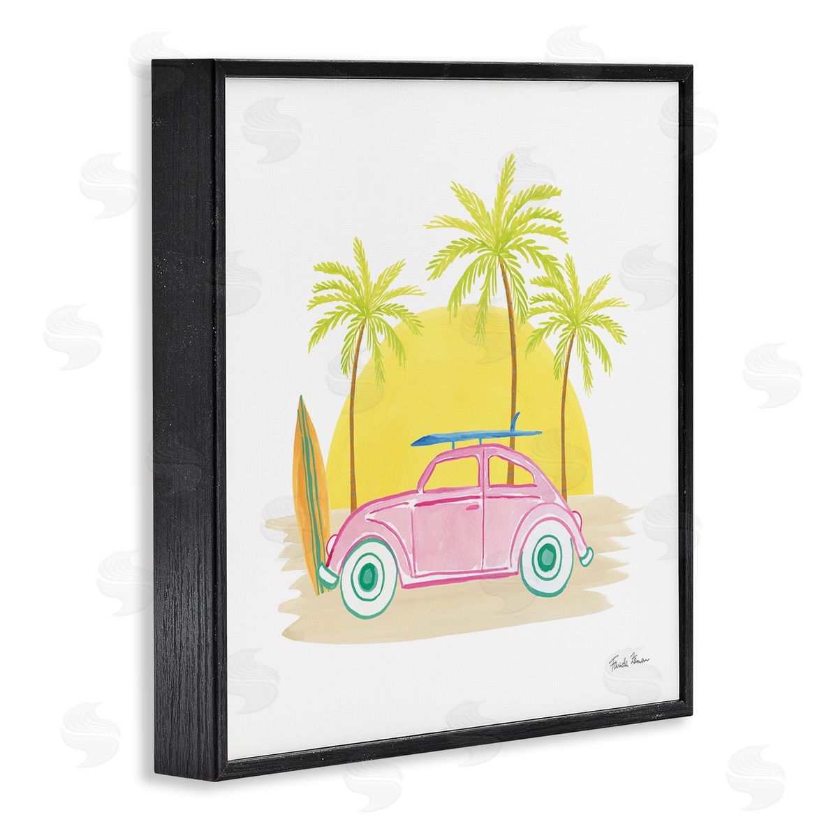 Farida Zaman Tropical Summer Travel Beach Surfboard Palm Trees Sunshine  Black Framed Glicee Wall Art Print
