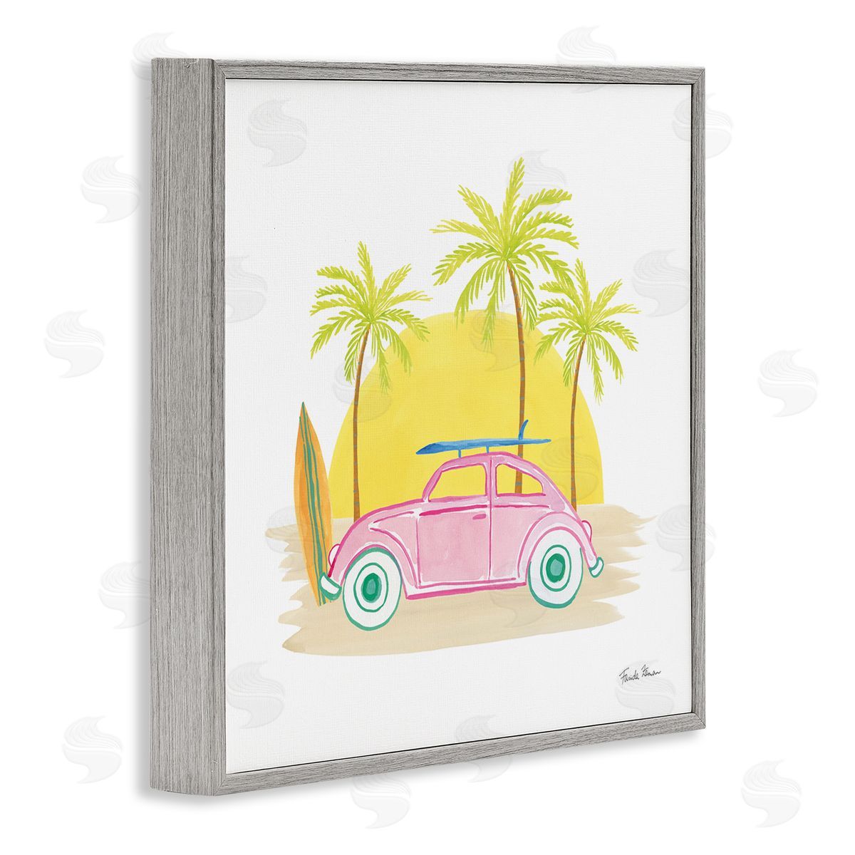 Farida Zaman Tropical Summer Travel Beach Surfboard Palm Trees Sunshine  Gray Framed Glicee Wall Art Print