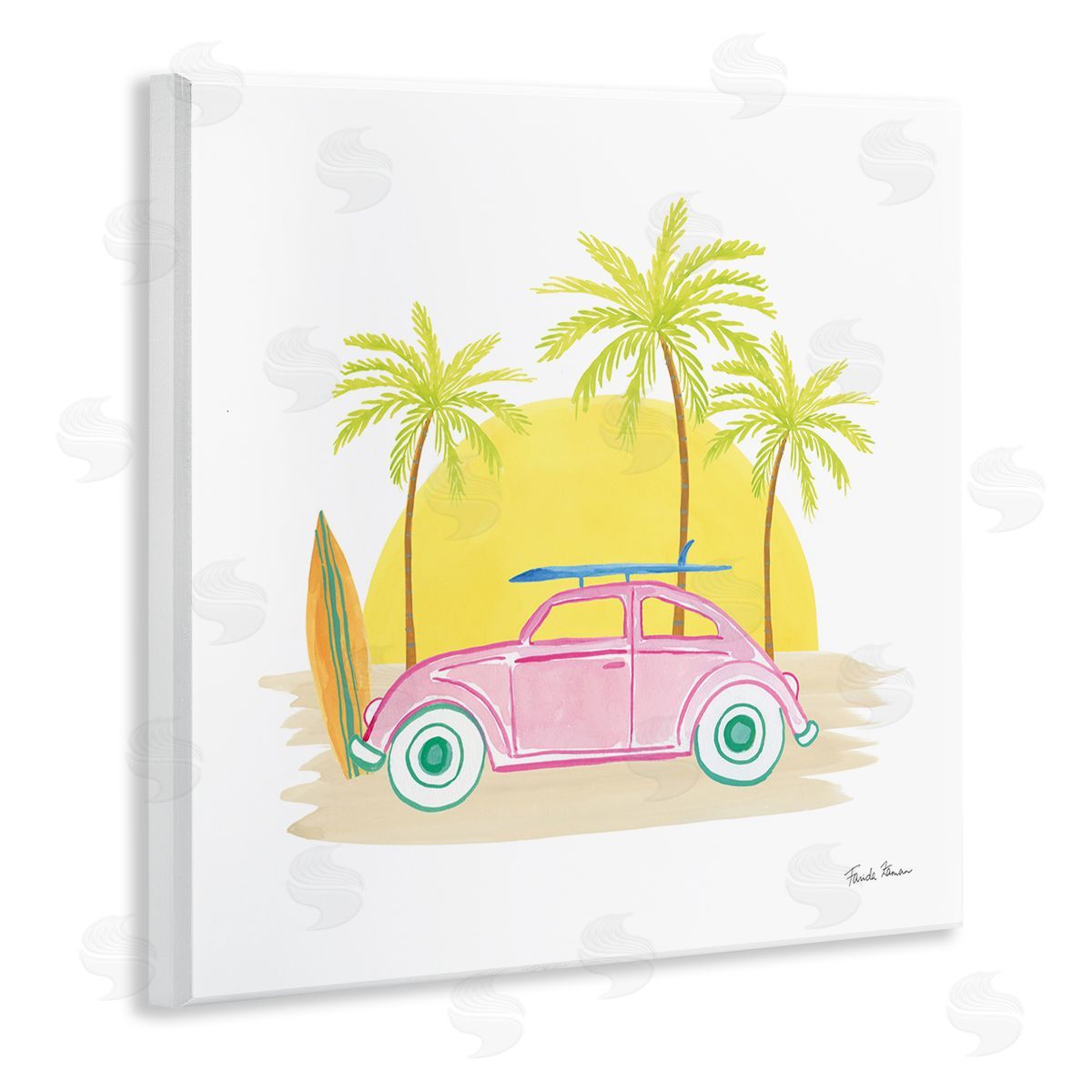 Farida Zaman Tropical Summer Travel Beach Surfboard Palm Trees Sunshine  Wooden Wall Plaque Art Print