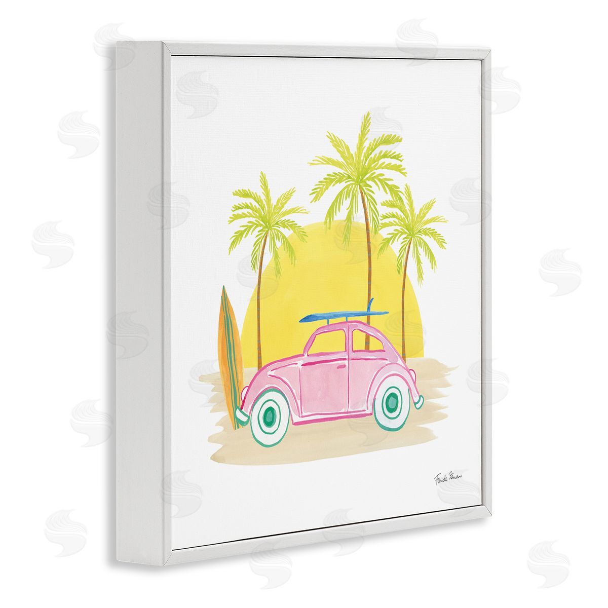 Farida Zaman Tropical Summer Travel Beach Surfboard Palm Trees Sunshine  White Framed Glicee Wall Art Print