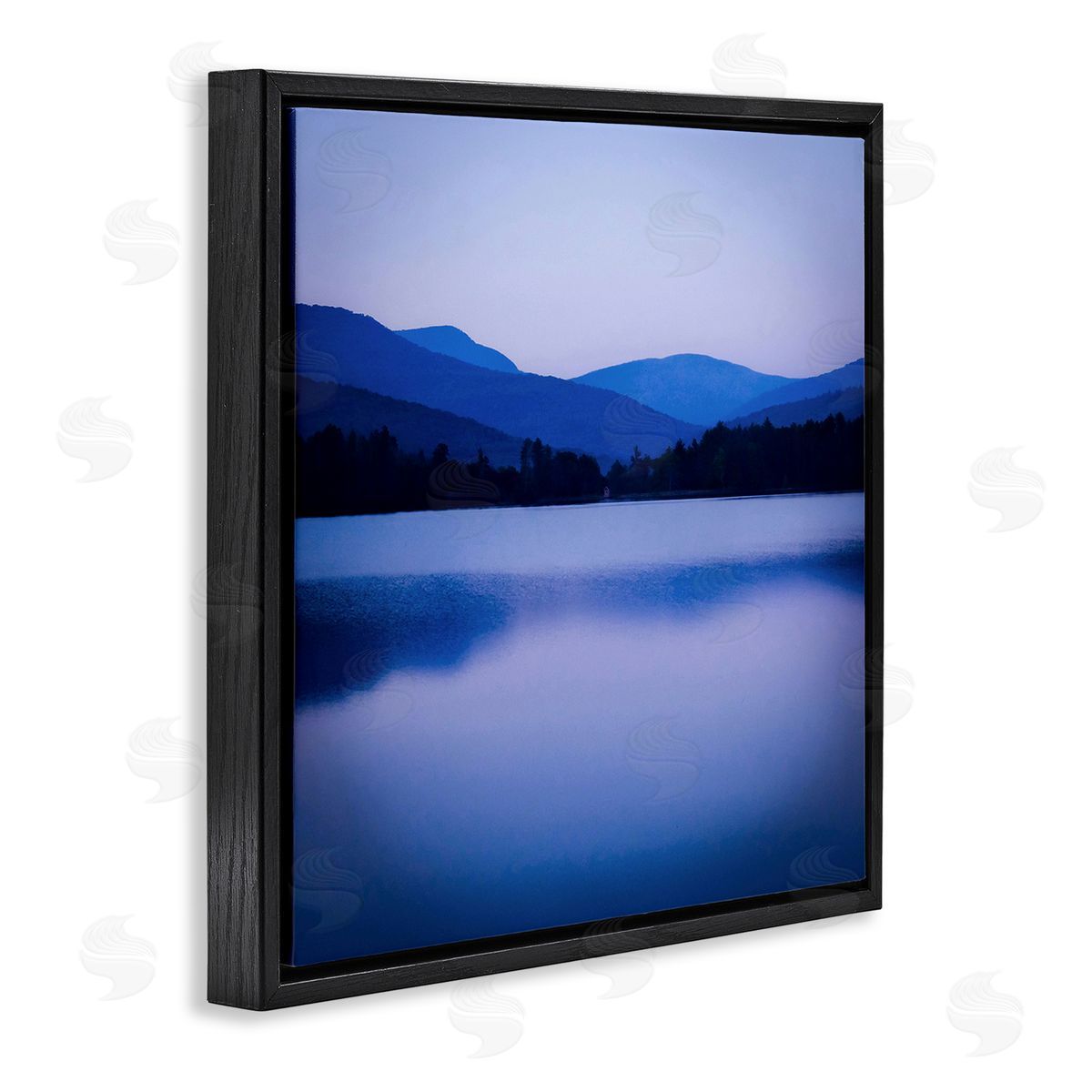 Kelly Sinclair Serene Blue Mountain Lakeside Scenery Photagraphy  Black Floating Frame Canvas Wall Art Print