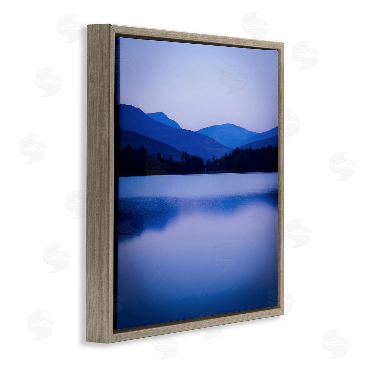 Kelly Sinclair Serene Blue Mountain Lakeside Scenery Photagraphy  Brown Floating Frame Canvas Wall Art Print