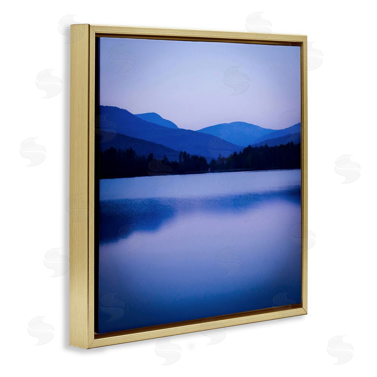 Kelly Sinclair Serene Blue Mountain Lakeside Scenery Photagraphy  Gold Floating Frame Canvas Wall Art Print