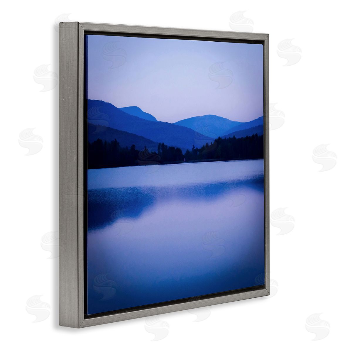 Kelly Sinclair Serene Blue Mountain Lakeside Scenery Photagraphy  Gray Floating Frame Canvas Wall Art Print