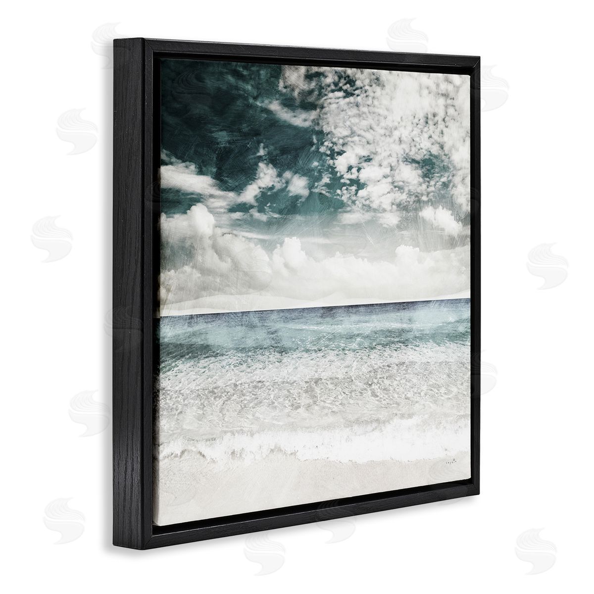 Sophie 6 Misty Beach Clouds Sea Shoreline Collage Design  Black Floating Frame Canvas Wall Art Print