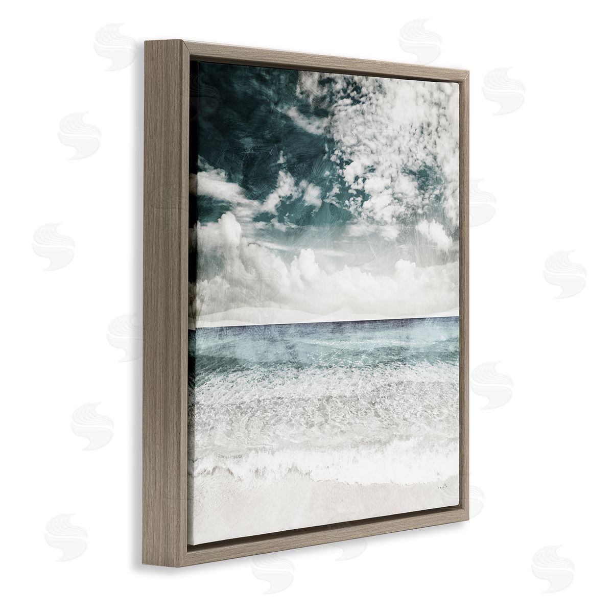 Sophie 6 Misty Beach Clouds Sea Shoreline Collage Design  Brown Floating Frame Canvas Wall Art Print
