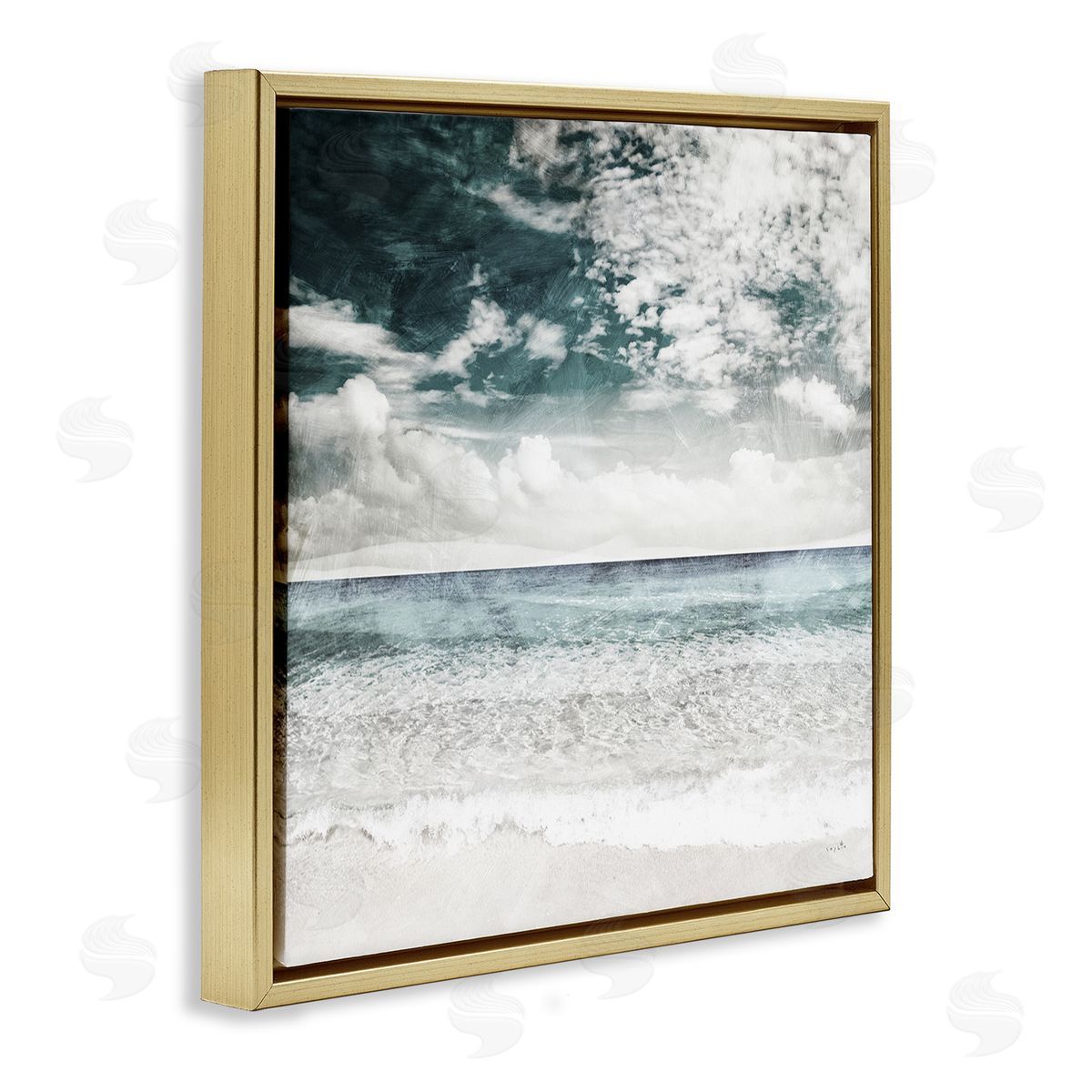 Sophie 6 Misty Beach Clouds Sea Shoreline Collage Design  Gold Floating Frame Canvas Wall Art Print
