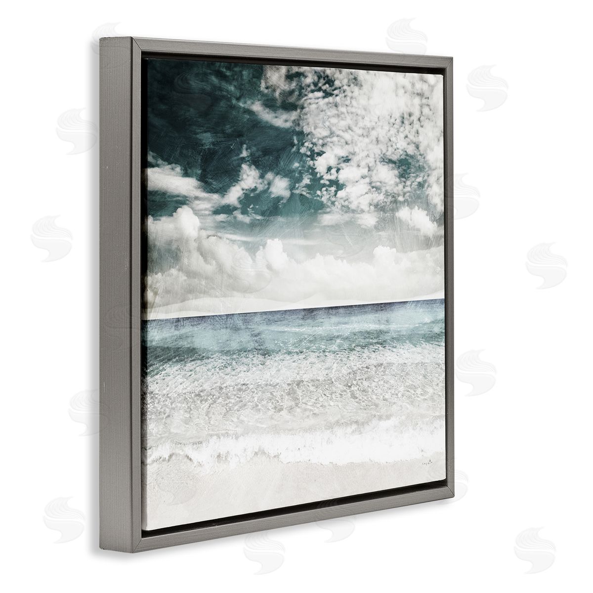 Sophie 6 Misty Beach Clouds Sea Shoreline Collage Design  Gray Floating Frame Canvas Wall Art Print