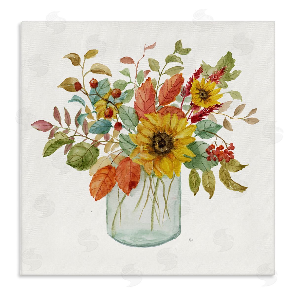 Nan Simple Country Botanicals Sunflower Vase Design Stretched Canvas Wall Art Print