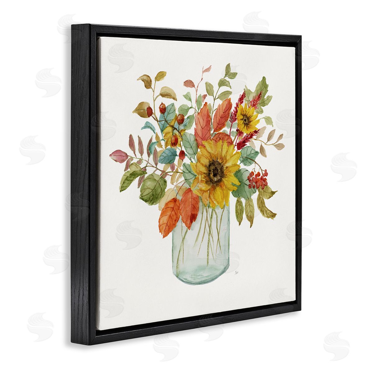 Nan Simple Country Botanicals Sunflower Vase Design Black Floating Frame Canvas Wall Art Print