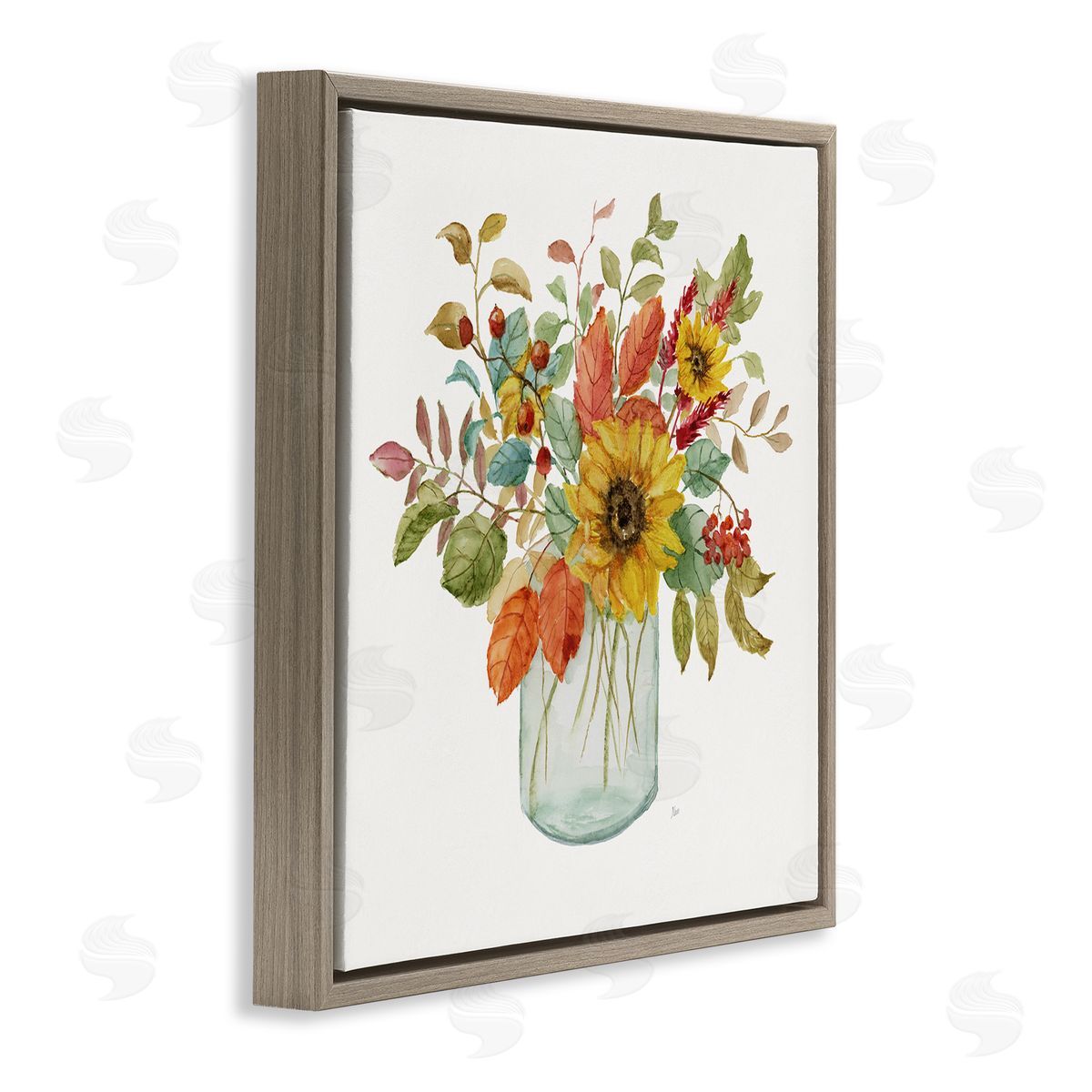 Nan Simple Country Botanicals Sunflower Vase Design Brown Floating Frame Canvas Wall Art Print