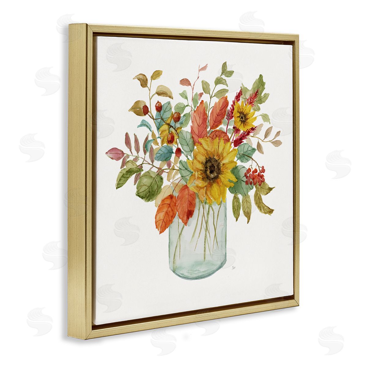 Nan Simple Country Botanicals Sunflower Vase Design Gold Floating Frame Canvas Wall Art Print