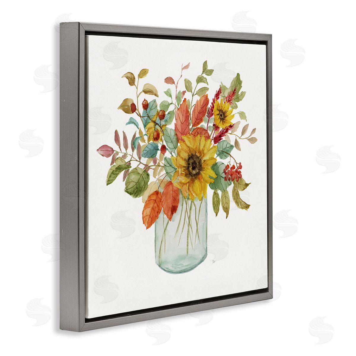 Nan Simple Country Botanicals Sunflower Vase Design Gray Floating Frame Canvas Wall Art Print