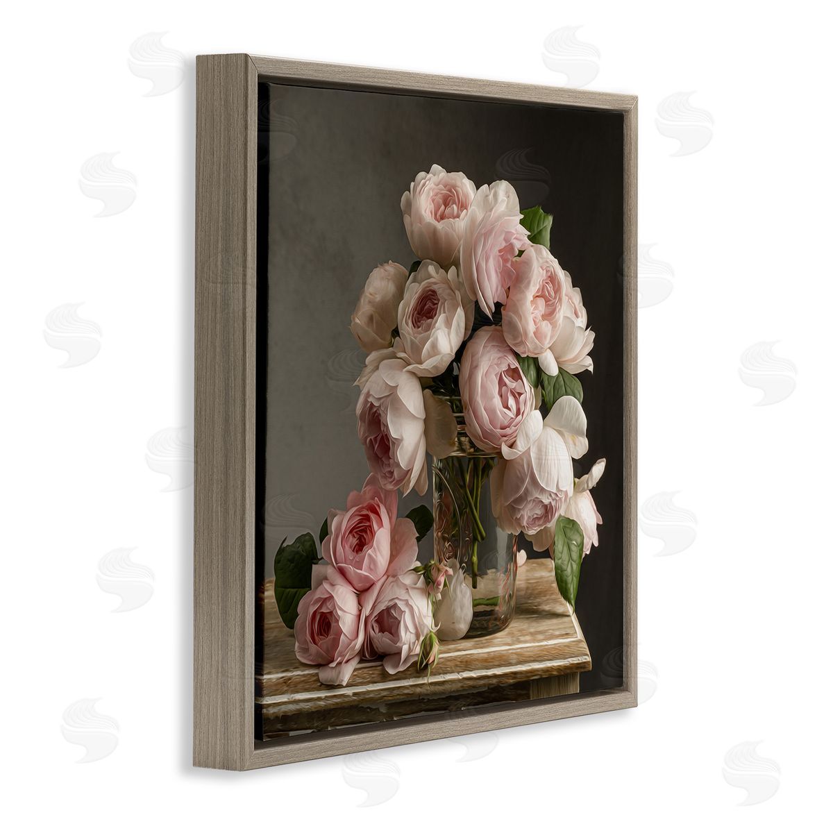 Classical White Pink Roses Brown Floating Frame Canvas Wall Art, Home Decor by Leah McLean
