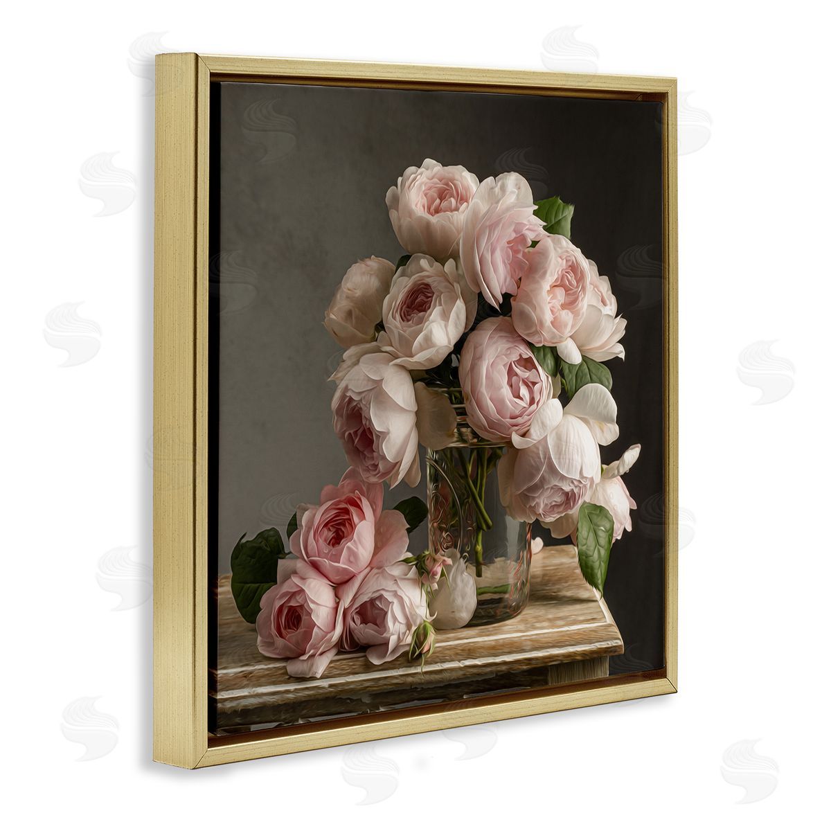 Classical White Pink Roses Gold Floating Frame Canvas Wall Art, Home Decor by Leah McLean