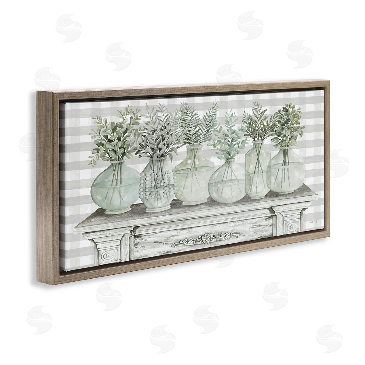 Country Herb Jars on Gingham Brown Floating Frame Canvas Wall Art, Home Decor by Cindy Jacobs