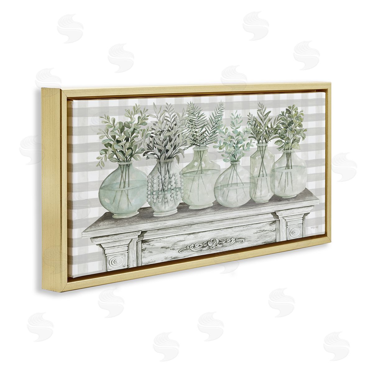 Country Herb Jars on Gingham Gold Floating Frame Canvas Wall Art, Home Decor by Cindy Jacobs