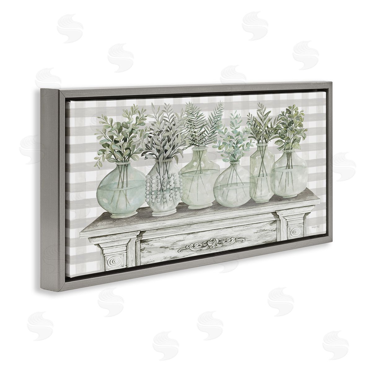 Country Herb Jars on Gingham Grey Floating Frame Canvas Wall Art, Home Decor by Cindy Jacobs