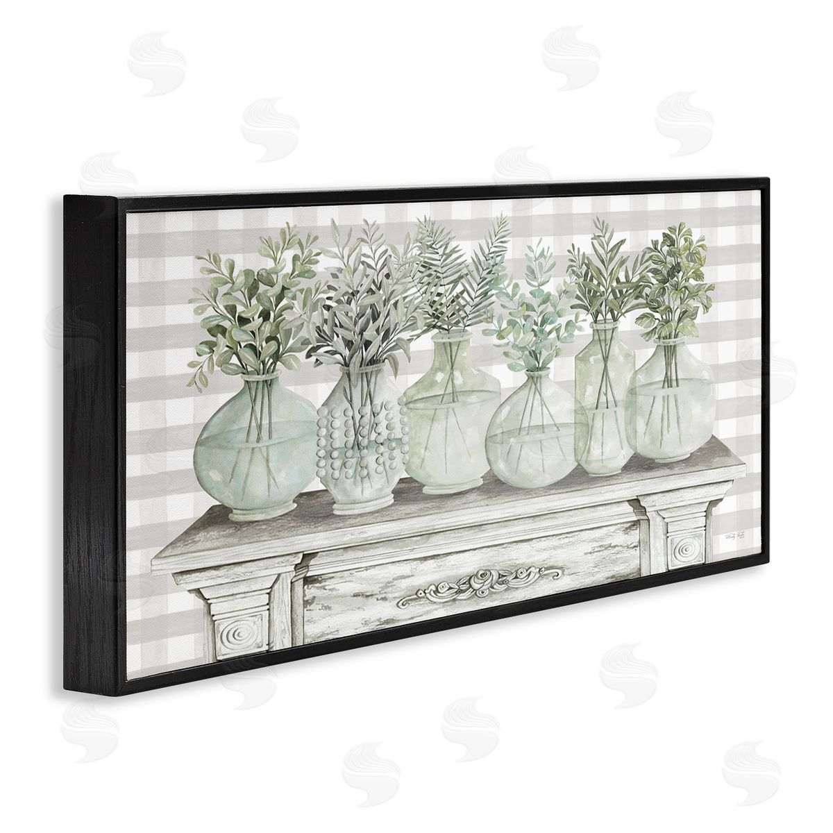 Country Herb Jars on Gingham Black Frame Print Wall Art, Home Decor by Cindy Jacobs
