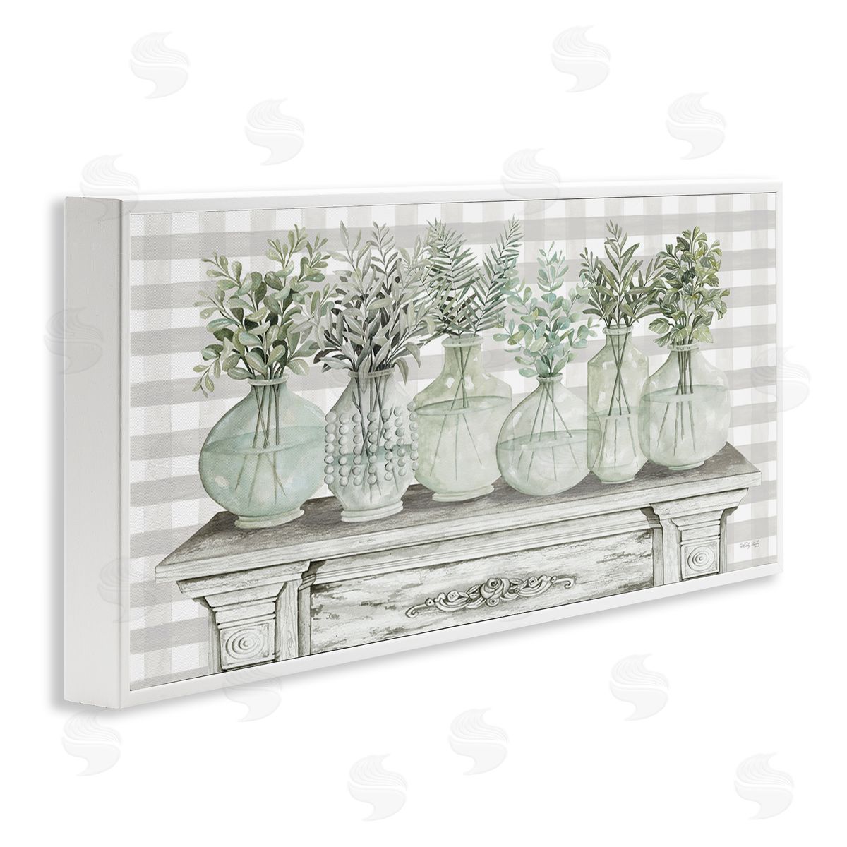 Country Herb Jars on Gingham White Frame Print Wall Art, Home Decor by Cindy Jacobs