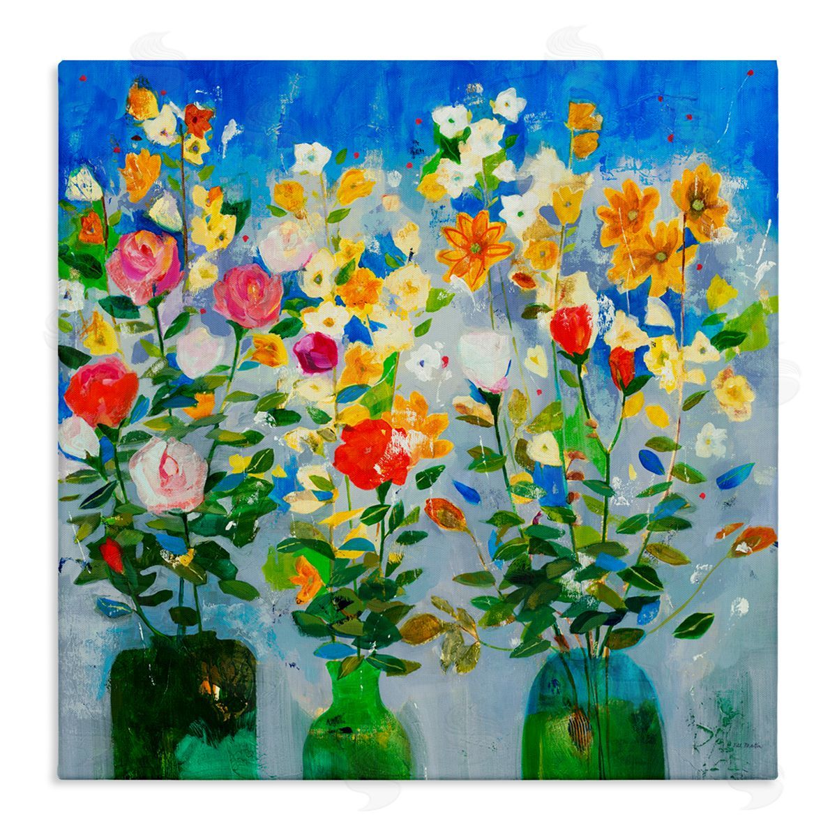 Jill Martin Vivid Flower Arrangement Bold Green Blue Ikebana Design Stretched Canvas Wall Art Print