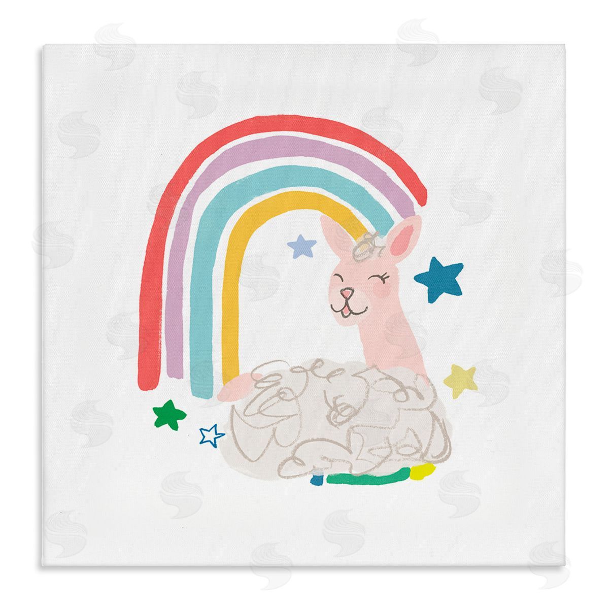 June Erica Vess Sheep Relaxing Smiling Rainbow Stars Adorable Design Stretched Canvas Wall Art Print