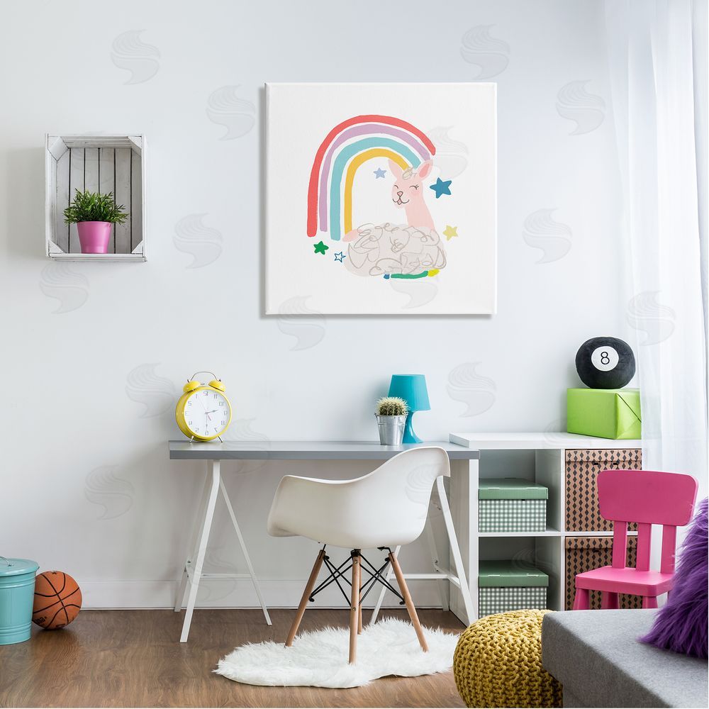 June Erica Vess Sheep Relaxing Smiling Rainbow Stars Adorable Design Canvas Wall Art in Room